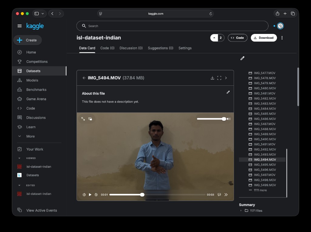 Kaggle preview of Indian Sign Language dataset files